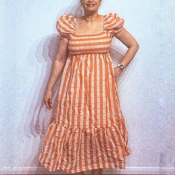 DRA Nicole Peach Striped Organza Midi Dress Sz M NWT - Picture 1 of 14